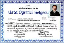 Mesut Kabalcı Usta Öğretici Belgesi